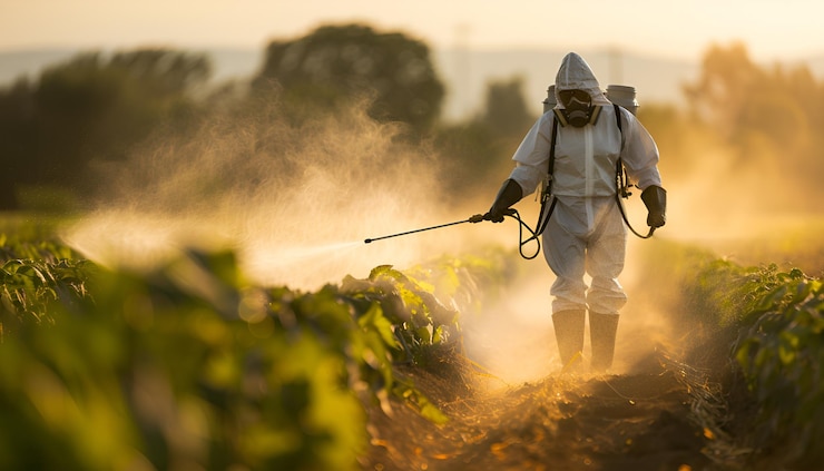 Photo en équipement de protection personnelle pulvérisant des pesticides dans un champ de culture mettant en évidence les pratiques de lutte contre les ravageurs agricoles
