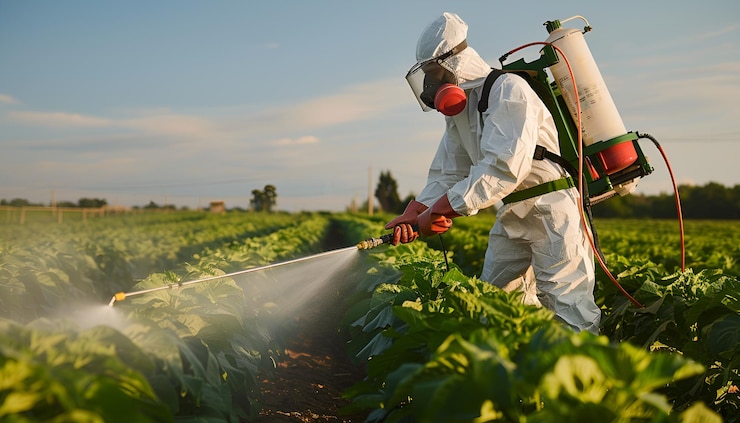 Photo en équipement de protection personnelle pulvérisant des pesticides dans un champ de culture mettant en évidence les pratiques de lutte contre les ravageurs agricoles
