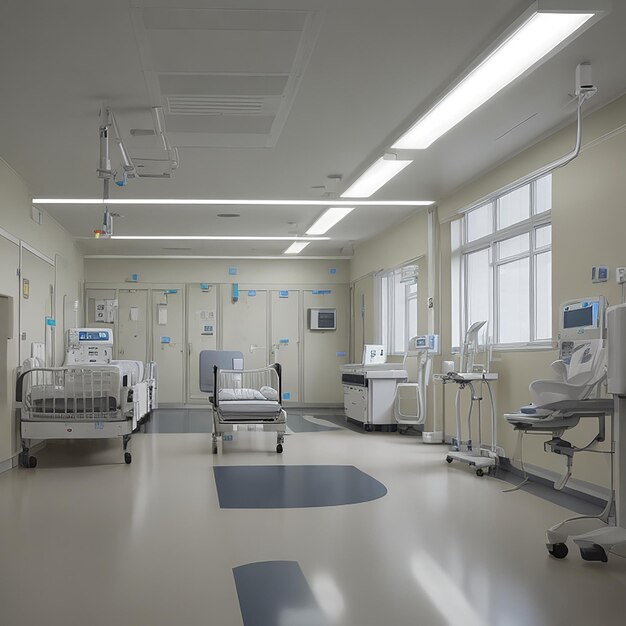 Un équipement de santé moderne illumine une salle d'hôpital vide générée par l'IA