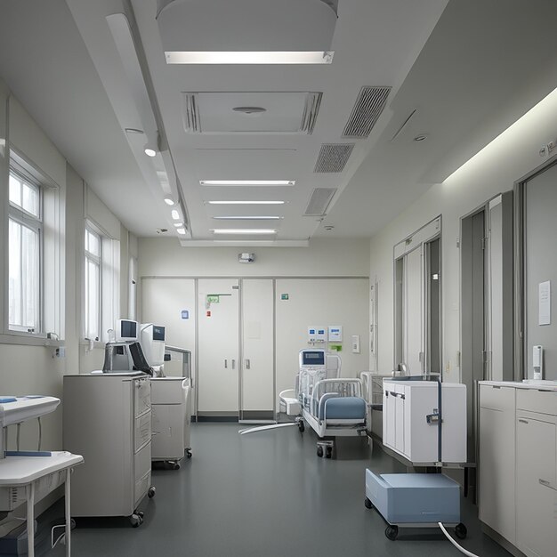 Un équipement de santé moderne illumine une salle d'hôpital vide générée par l'IA