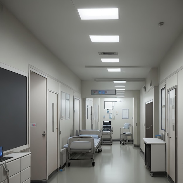 Un équipement de santé moderne illumine une salle d'hôpital vide générée par l'IA