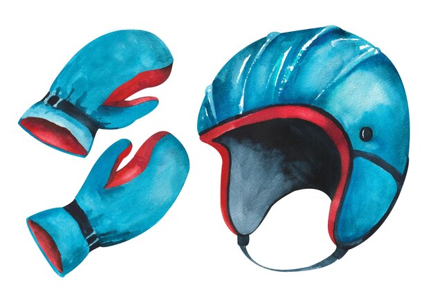 Photo Équipement de sport à l'aquarelle gants de boxe bleus et casque de protection sur fond blanc