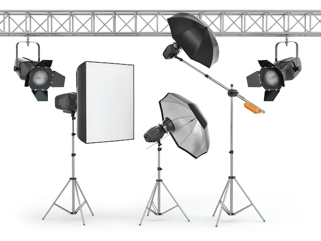 Équipement de studio photo sur fond isolé blanc. 3d