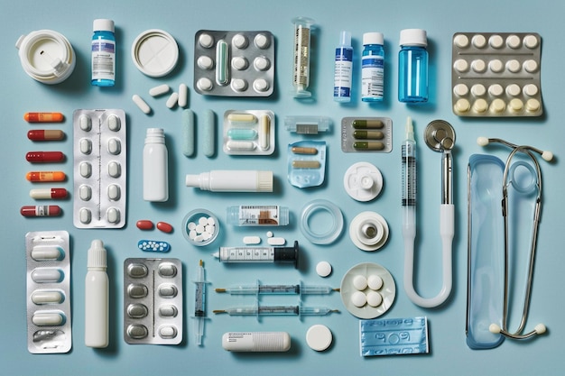 Equipements médicaux et médicaments sur fond bleu