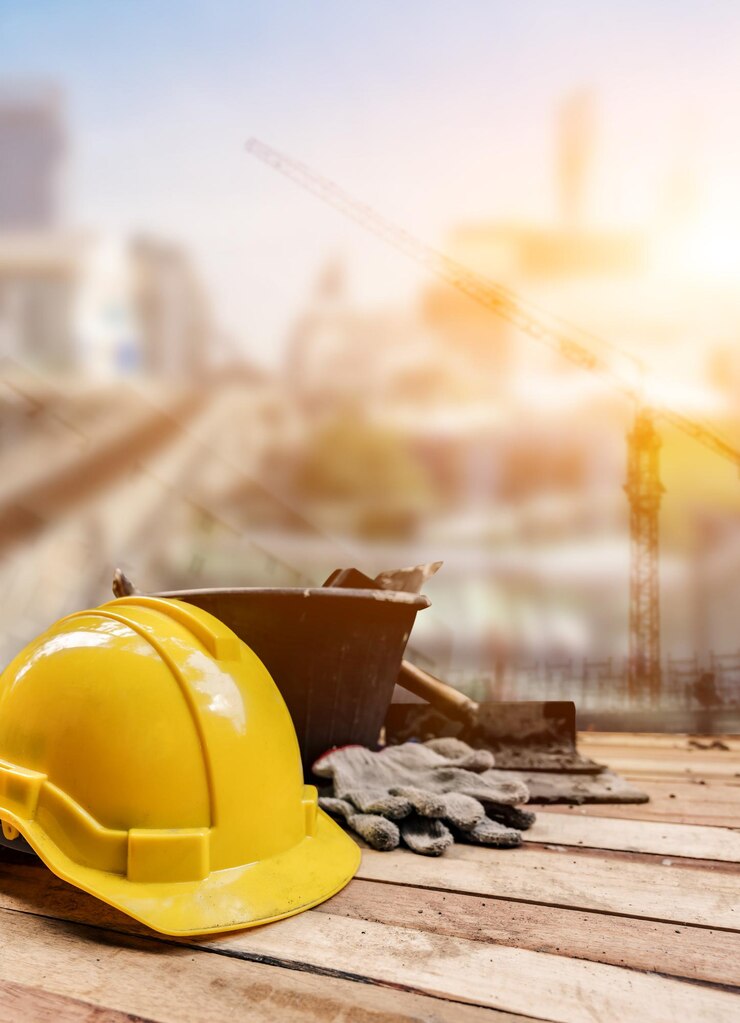 Équipements et outils pour la construction de bâtiments sur fond de bois. Concept de fête du travail et de travailleur.