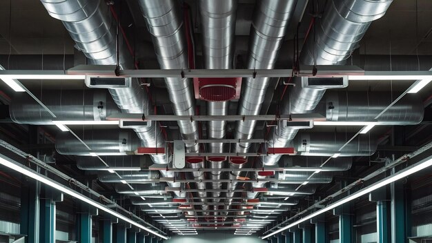 Photo Équipements de ventilation par conduits d'air industriels et systèmes de tuyaux installés sur le plafond de bâtiments industriels