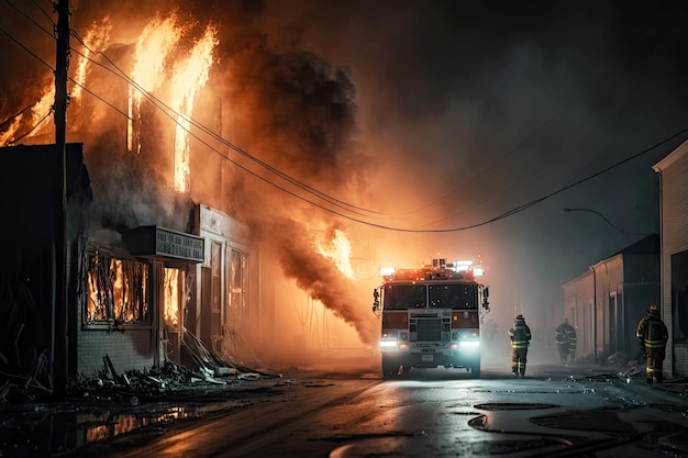 Photo les équipes d'urgence travaillant pour éteindre un bâtiment en flammes au milieu d'une rue urbaine la nuit