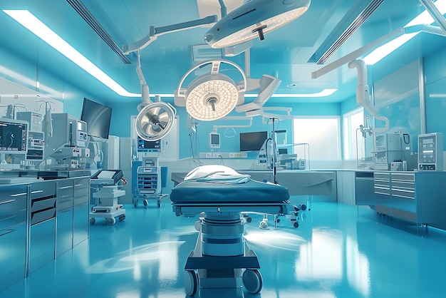 Photo equipment and medical devices in modern operating room take with art lighting and blue filter