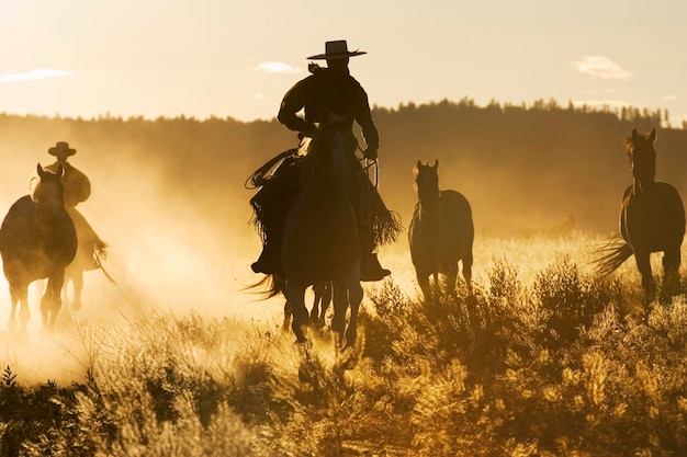 Équitation Cowboys au coucher du soleil Oregon USA