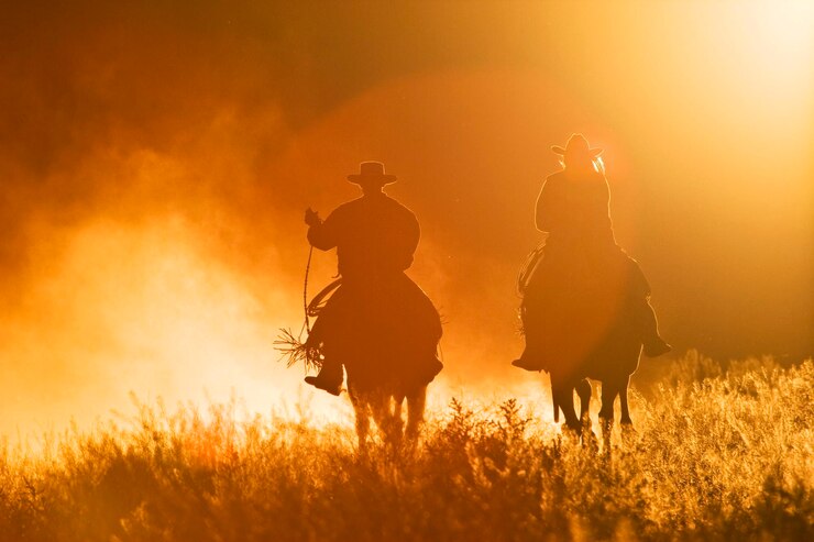 Photo équitation cowboys au coucher du soleil oregon usa