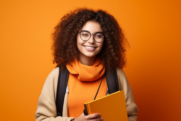 Photo Érudit dynamique jeune femme étudiante bouclée portant un sac à dos et des lunettes ai générative