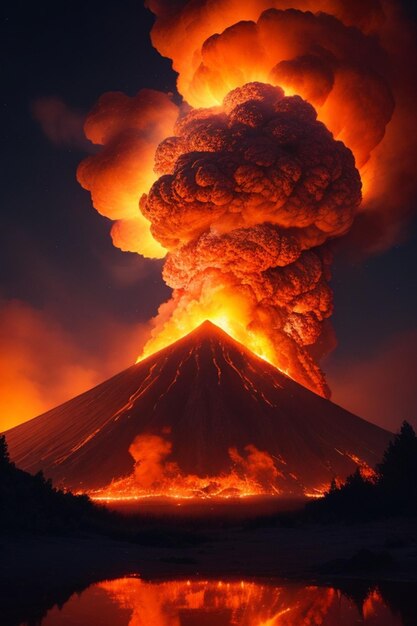 Une éruption colossale de feu et de fumée éclairait le ciel nocturne avec son orange brillant.