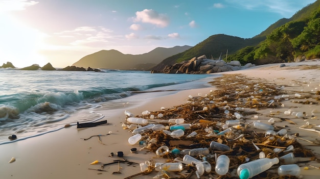 éruption cutanée sur une plage de sable montrant un problème de pollution de l'environnement généré par l'IA