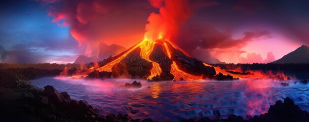 Photo Éruption de volcan actif dans de grandes montagnes de lave en forme de brouillard tout autour, à proximité du panorama de lave