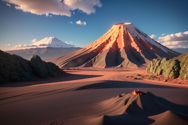 Photo Éruption d'un volcan actif épanchant de la lave forme de terrain volcanique caractéristique fond de papier peint