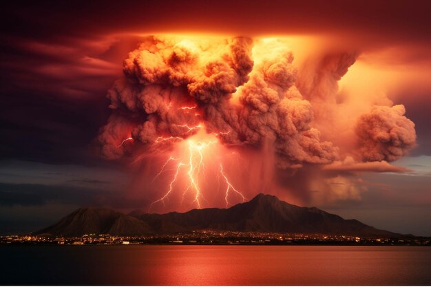 Photo Éruption de volcan sur le fond de la mer et de la ville