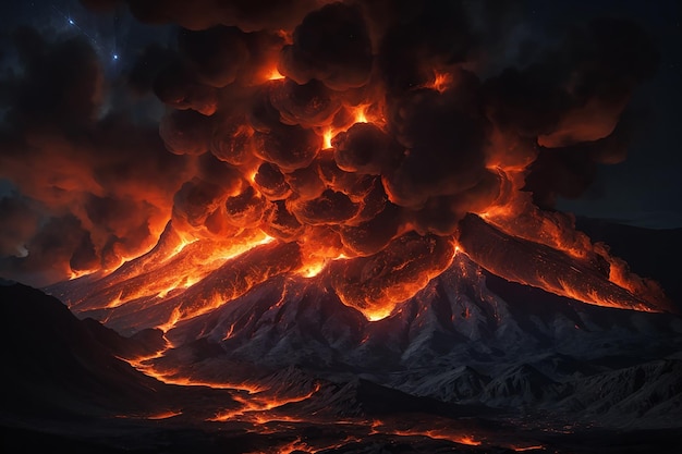 Une éruption volcanique colossale illuminée de feu et de fumée