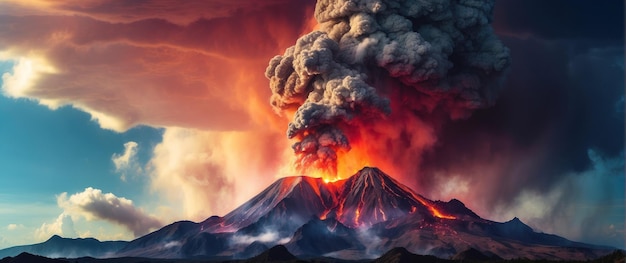 Photo Éruption volcanique avec un énorme nuage de cendres