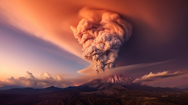 Une éruption volcanique avec un immense panache de fumée et de cendres montant dans le ciel