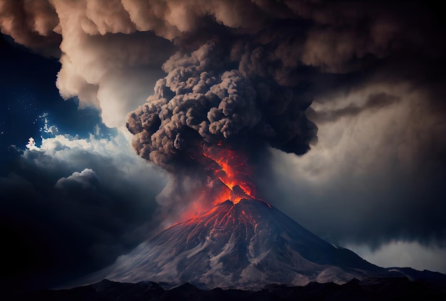 Éruption volcanique en Italie Explosion puissante Coulées de lave Beaucoup de fumée et de feu Art génératif Apocalypse