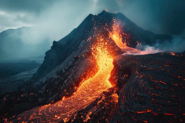 Photo Éruption volcanique avec de la lave coulant sur le flanc d'une montagne