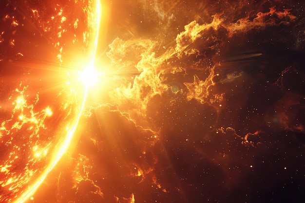 Photo des éruptions solaires puissantes à la surface du soleil émettent des rayonnements intenses.