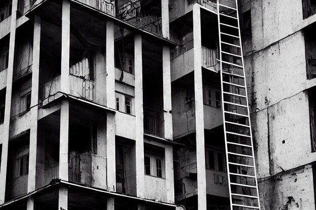 Escabeau en métal haut contre le mur sur le fond des balcons et des sols vides