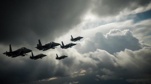 Un escadron d'avions de chasse s'élançant dans un ciel nuageux laissant des traînées de fumée blanche contre la toile bleue vibrante