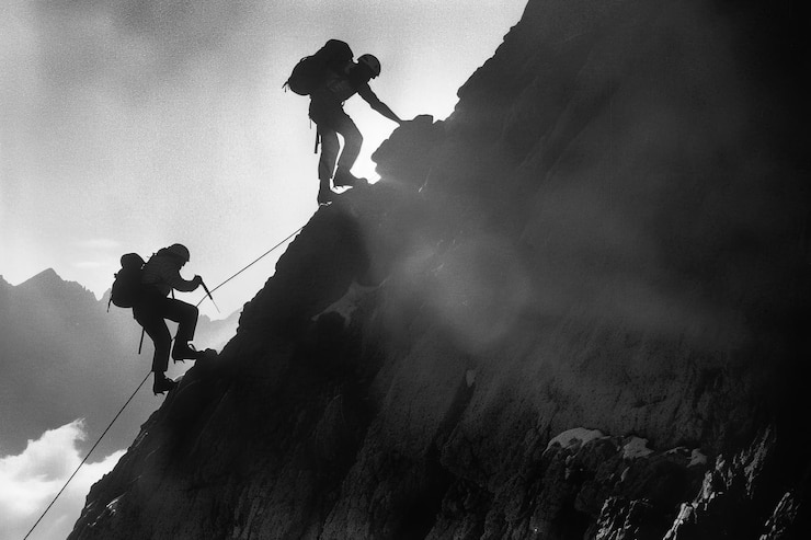 Photo l'escalade d'une montagne silhouettes de deux personnes s'aidant l'une l'autre le long du chemin