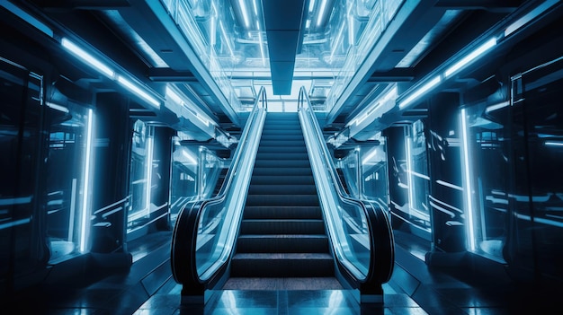 Un escalator avec des lumières bleues et un escalator bleu