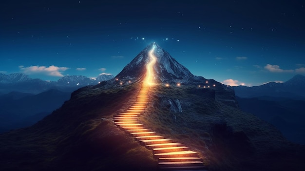 Escalier d'Arafed menant à une montagne avec une lumière brillante à la fin