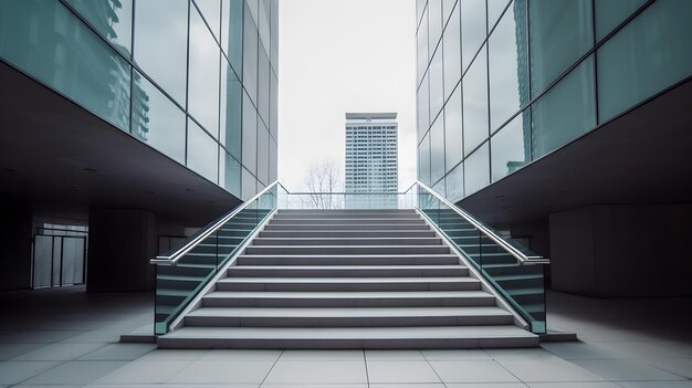 Un escalier avec une balustrade en verre devant un bâtiment