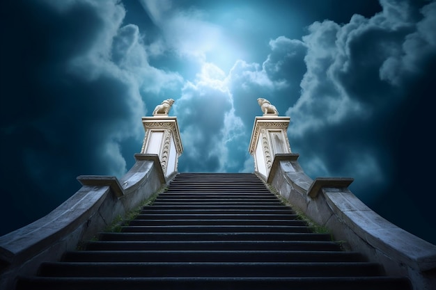 Escalier baroque illuminé menant au ciel avec ciel sur fond ai génératif