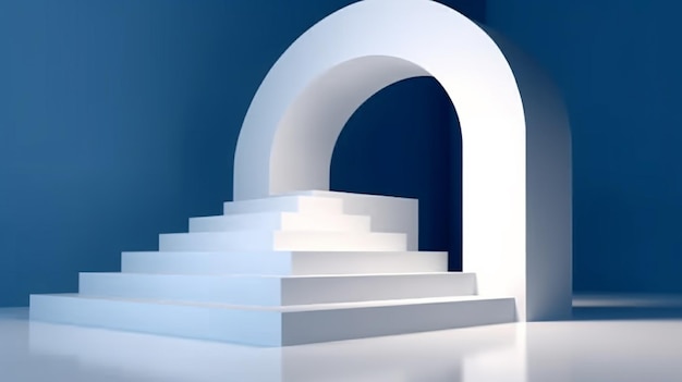 Un escalier blanc devant un mur bleu avec une arche blanche.