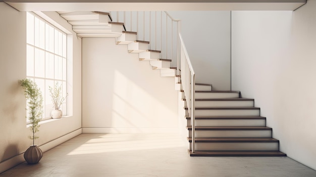 Un escalier blanc avec un escalier blanc et une fenêtre qui dit "ouvert" dessus