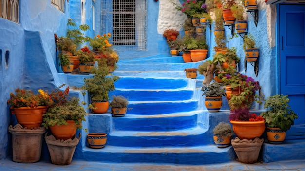 Escalier bleu et mur décoré de couleurs