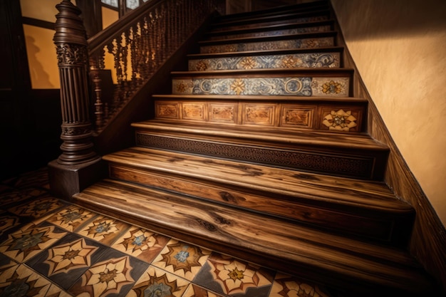 Escalier en bois antique teinté avec carrelage en plancher de bois franc