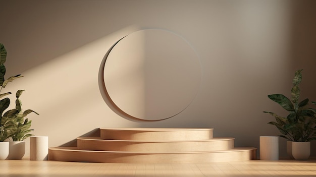 Un escalier en bois avec un cercle au sommet.