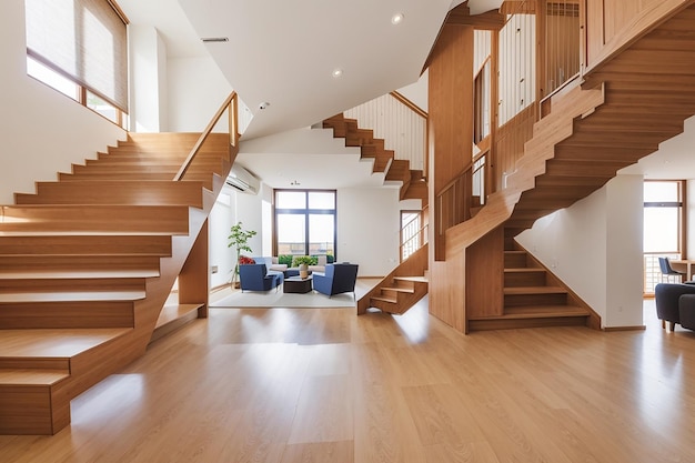 Escalier en bois dans le hall spacieux de l'appartement