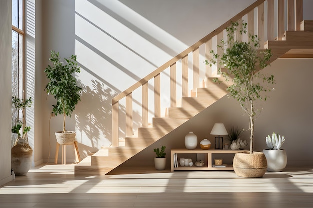 Escalier en bois dans un intérieur lumineux généré par l'IA