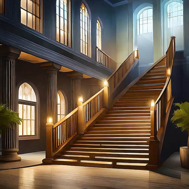 Escalier en bois éclairé Effet nocturne Escalier d'une villa