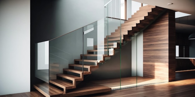 Escalier en bois intérieur contemporain à la maison au salon