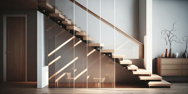 Escalier en bois intérieur contemporain à la maison au salon