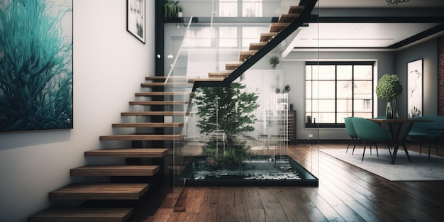 Escalier en bois intérieur contemporain à la maison au salon