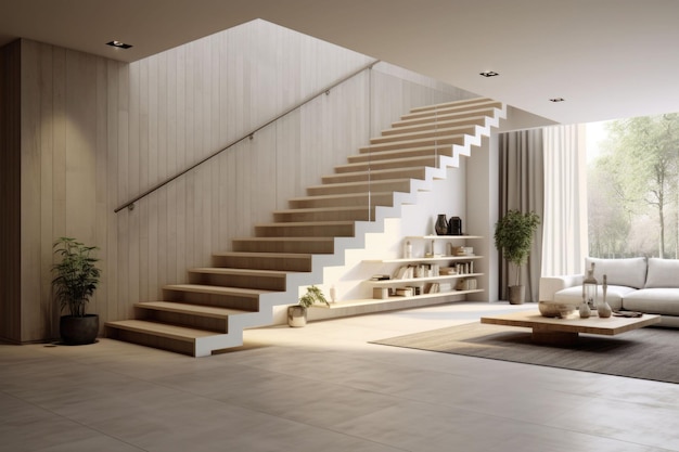 Escalier en bois menant au deuxième étage d'un appartement de luxe moderne avec un design intérieur minimaliste Illustration générée par l'IA