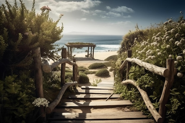 Un escalier en bois mène à une plage et à l'océan.