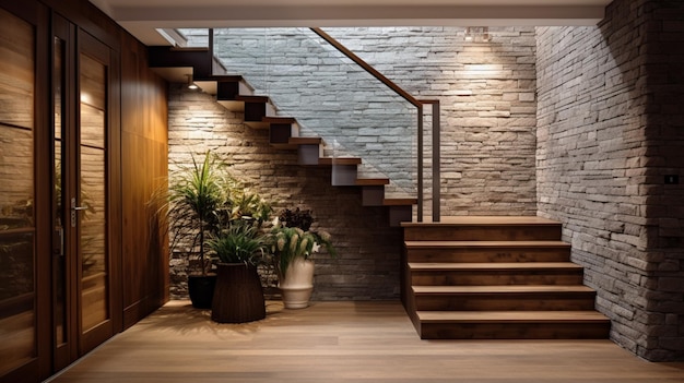 Escalier en bois et mur de revêtement en pierre dans un couloir rustique Design d'intérieur confortable