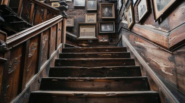 Un escalier en bois robuste avec des nœuds et des rayures visibles menant à un atterrissage orné d'un