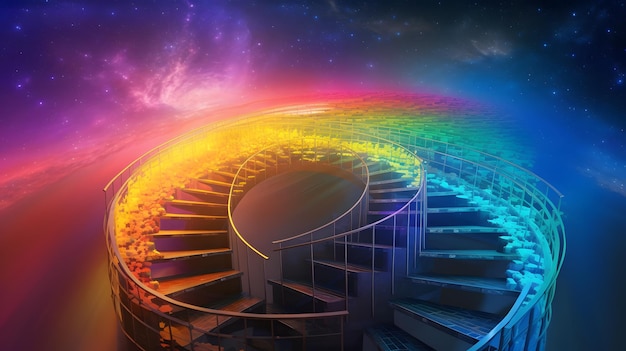 Un escalier en colimaçon avec un arc-en-ciel en bas.