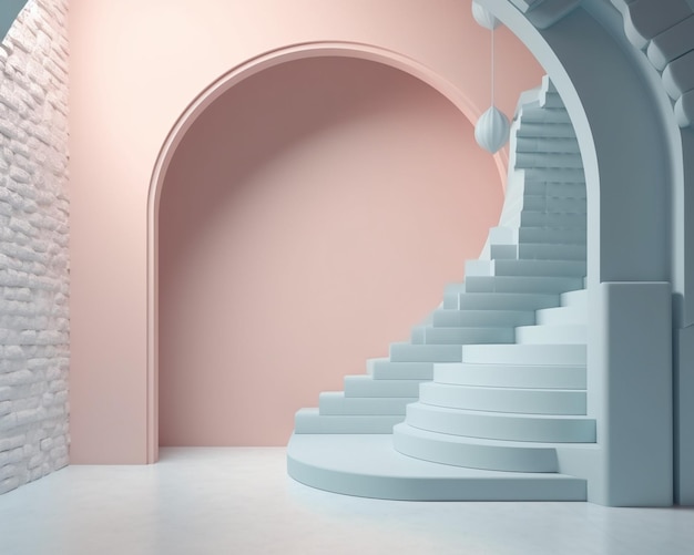 Un escalier en colimaçon blanc avec un mur rose derrière